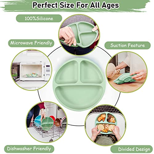 SNOWIE SOFT® Baby Suction Plates for Feeding with 4 Strong Cups Silicone Toddler Deep Divided Kids Themselves Dishwasher Microwave Oven Safe Green 2PCS