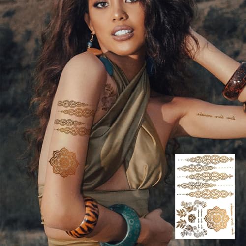 MAYCREATE 9 Sheets Temporary Tattoo for Men and Women Golden Tattoo Sticker Waterproof Assorted Temporary Tattoo Forearm Tattoo for Body Art Arm Hand Tattoo