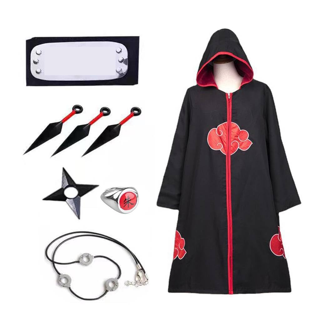 Venzina Hooded Akatsuki Cloak Itachi Uchiha Cosplay Costume for Party and Halloween | Includes Cloak Headband Ring Kunai Necklace Set for Height 165–170 cm