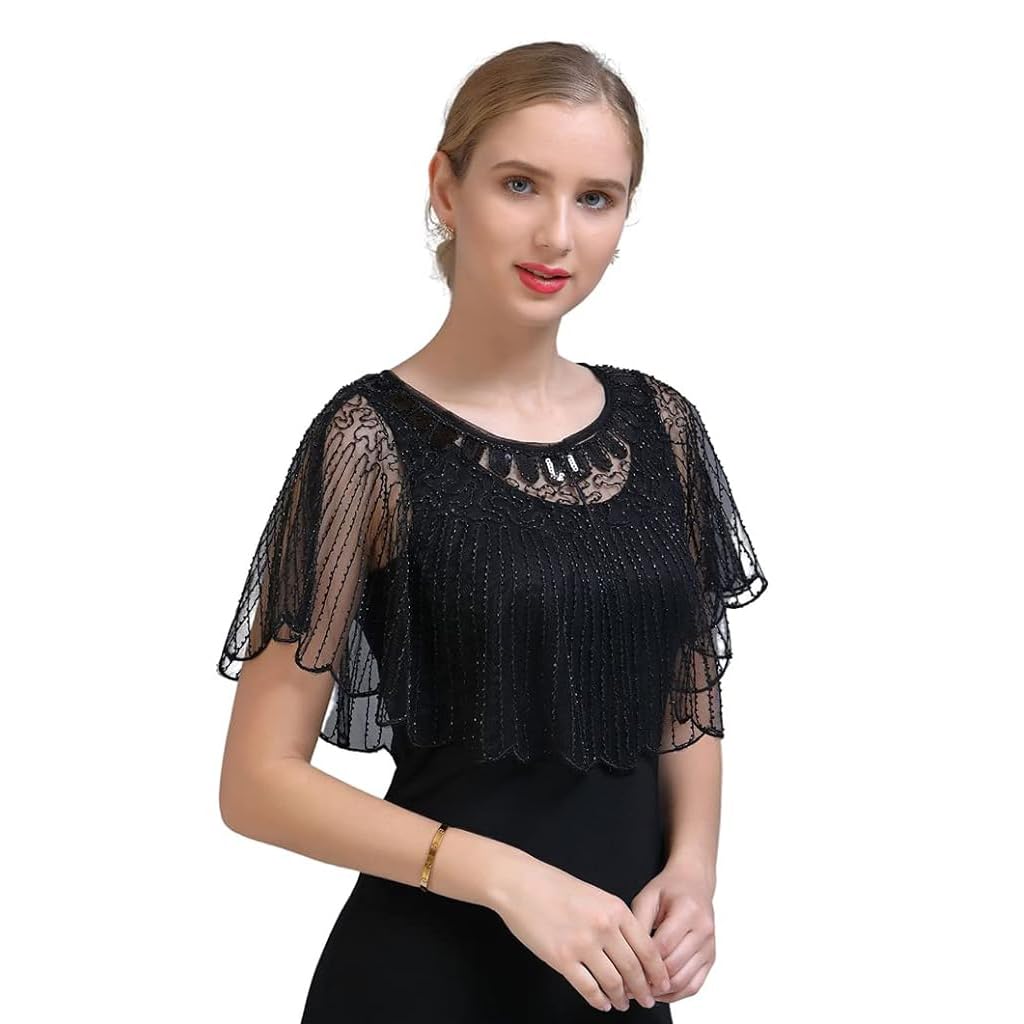 PALAY® Lace Shrugs Shawl for Women Stylish Sheer Cape for Women Cover Up Wraps Black Sequin Shawl for Wedding Dress, Off Shoulder Dress, Strapless Dresses