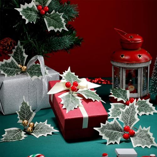 HASTHIP 30Pcs Christmas Holly Berries with Green Leaves Christmas Decorations Gold and Red Artificial Holly Berries Hanging Christmas Ornaments for Xmas Tree, Garland Wreath, Home Decor