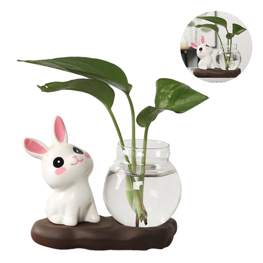 HASTHIP Mini Glass Hydroponics Pot Set for Desk Decor with 6.5x7cm Glass Pots and Compact 12x6cm Base | Cute Ceramic Bunny Ornament Gift