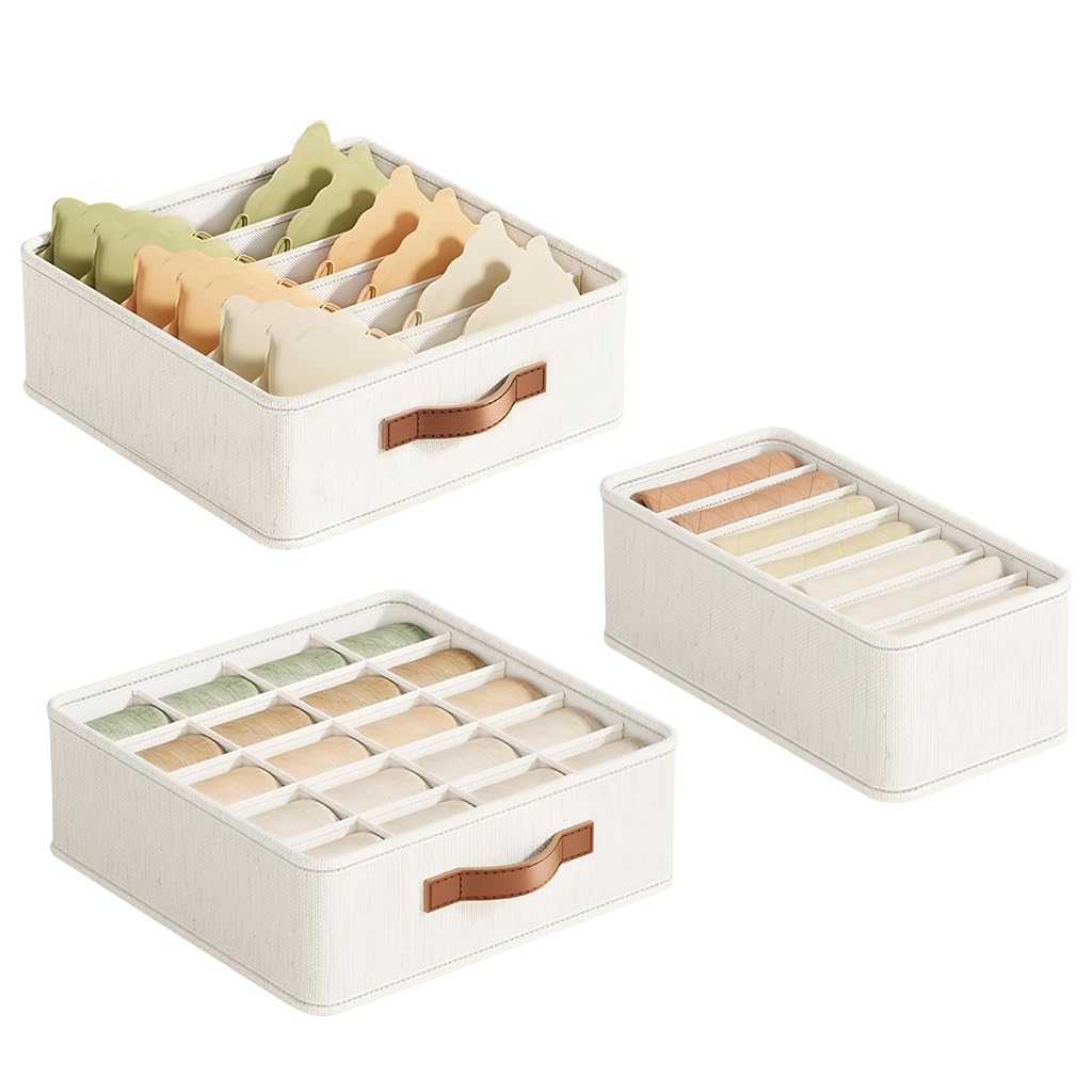 Zibuyu Undergarments Organizer 3PC Set for Women with 33 Slots and Foldable Cotton Jute Design