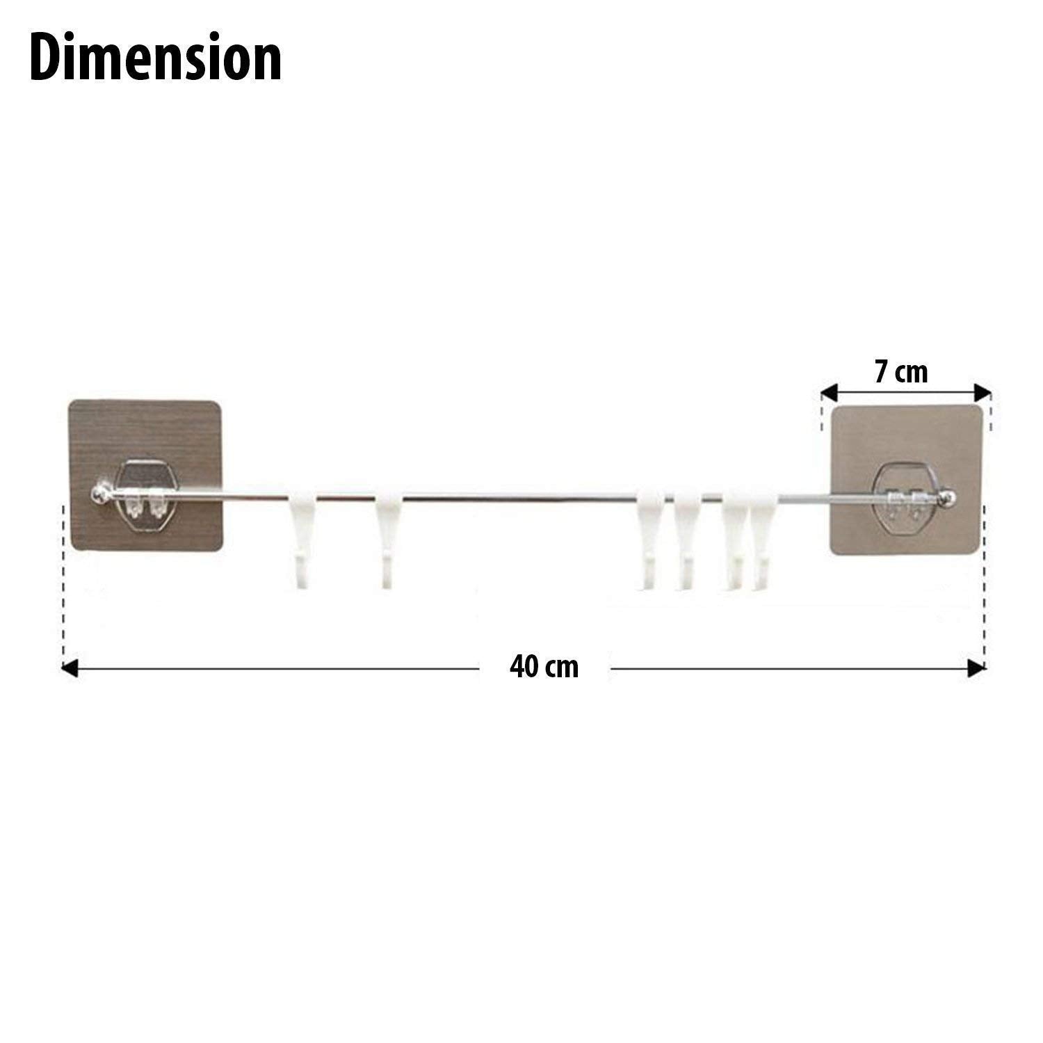 HASTHIP Self Adhesive Towel Rail for Kitchen and Bathroom with 6 Hooks 40x7 cm | White Stainless Steel and Plastic Design