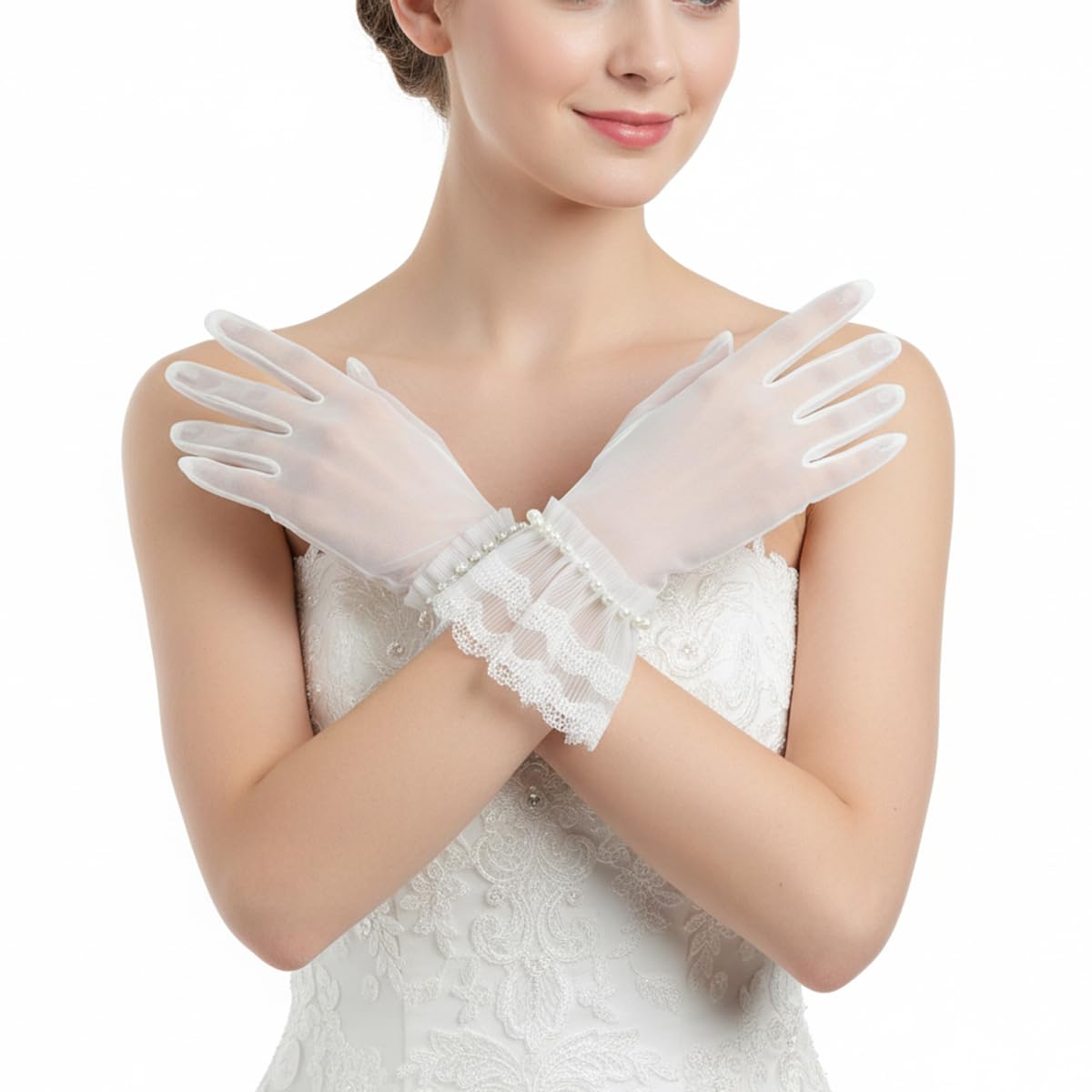 SANNIDHI Short Bridal Gloves for Wedding with Lace Trimmed Pearl Cuffs and Sheer Tulle | Elegant Accessory for Bridal Photography