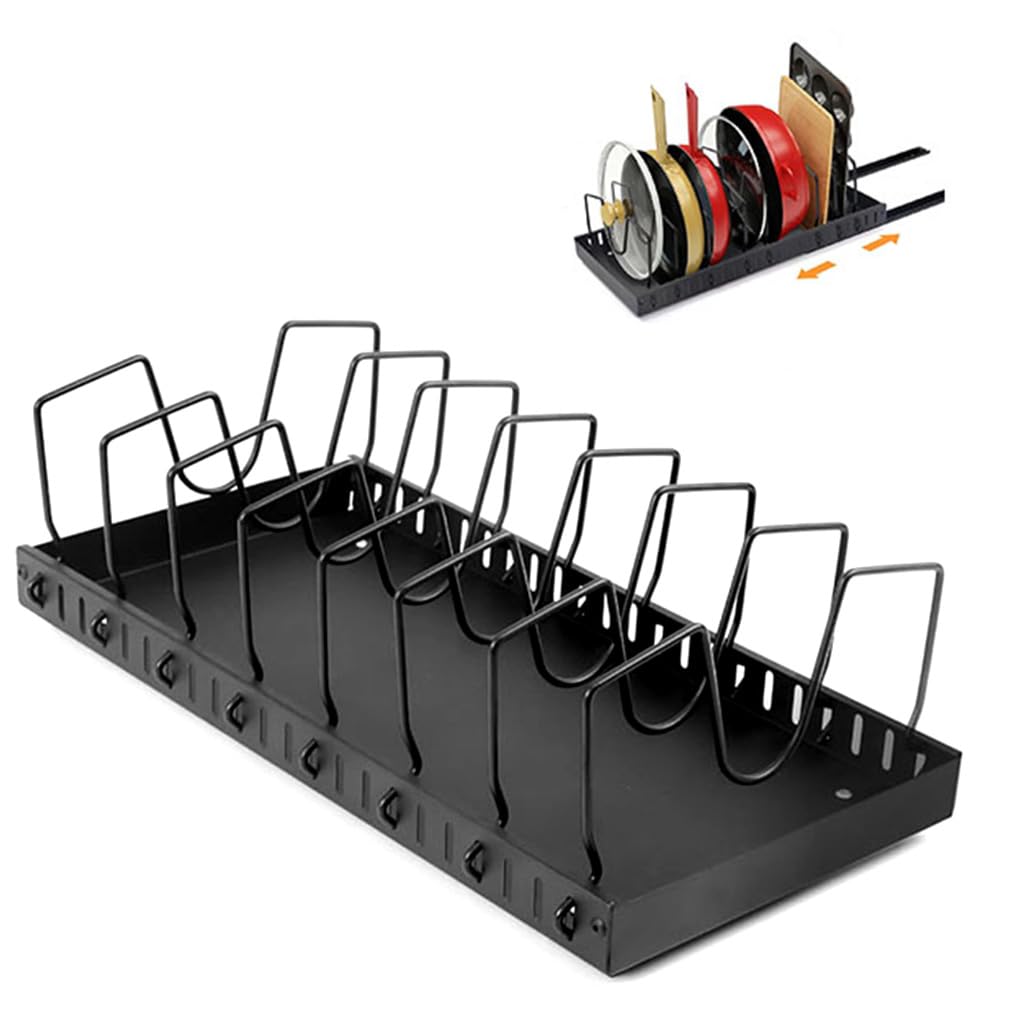 Supvox Pan Stand for Kitchen with 8 Adjustable Brackets and Pull Out Adhesive Rail | Carbon Steel Organizer