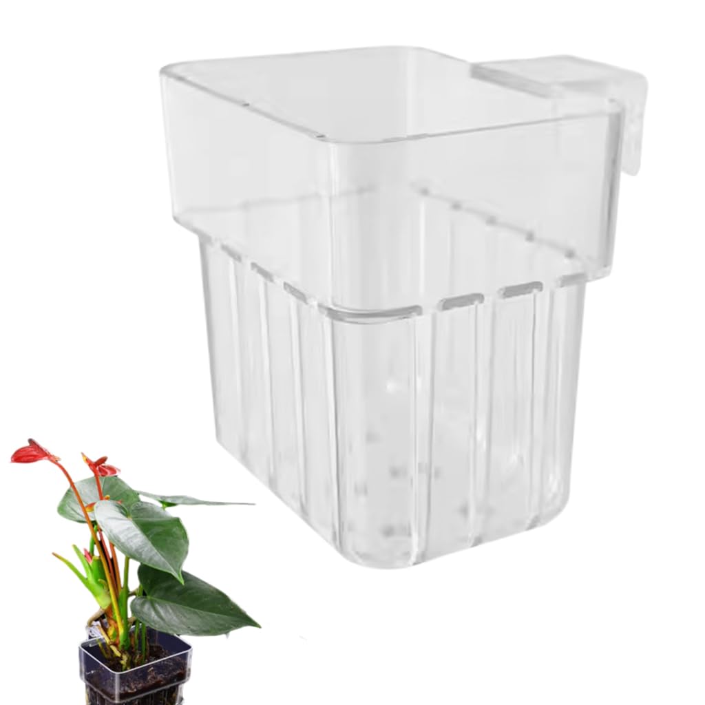 Qpets® Wall-Mounted Aquarium Plant Holder, Aquarium Stand Plant Holder Cup Pot, Acrylic Plant Basket for Glass Aquarium Fish Tank with Screw Fixed & Draining Holes (8 * 8 * 5.7CM)