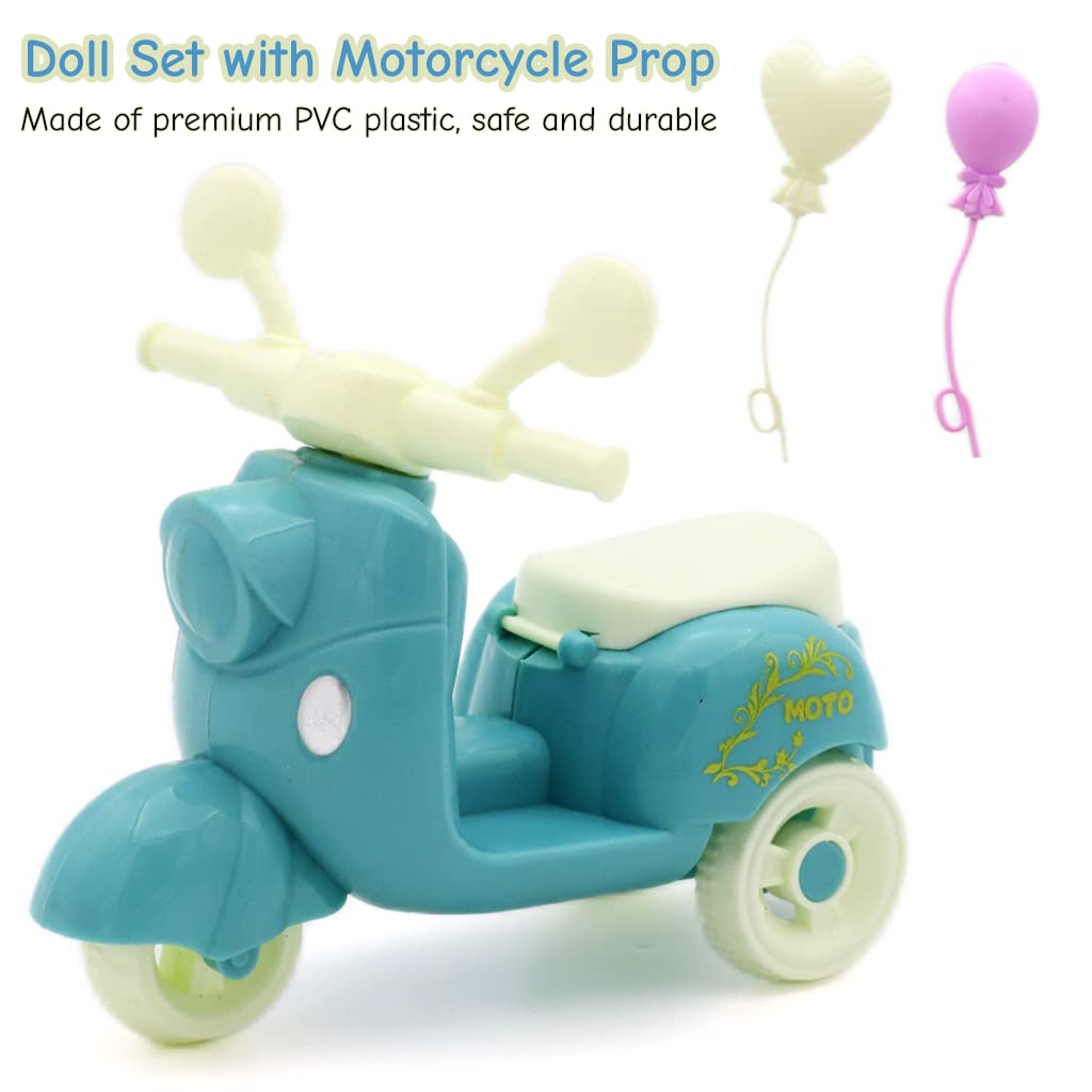 PATPAT Doll Set with Motorcycle Prop, Dollhouse Princess Toys, Cute Cartoon Doll Toy for Girls, Birthday Gift for Girl, Gift Box Packing (Blue)