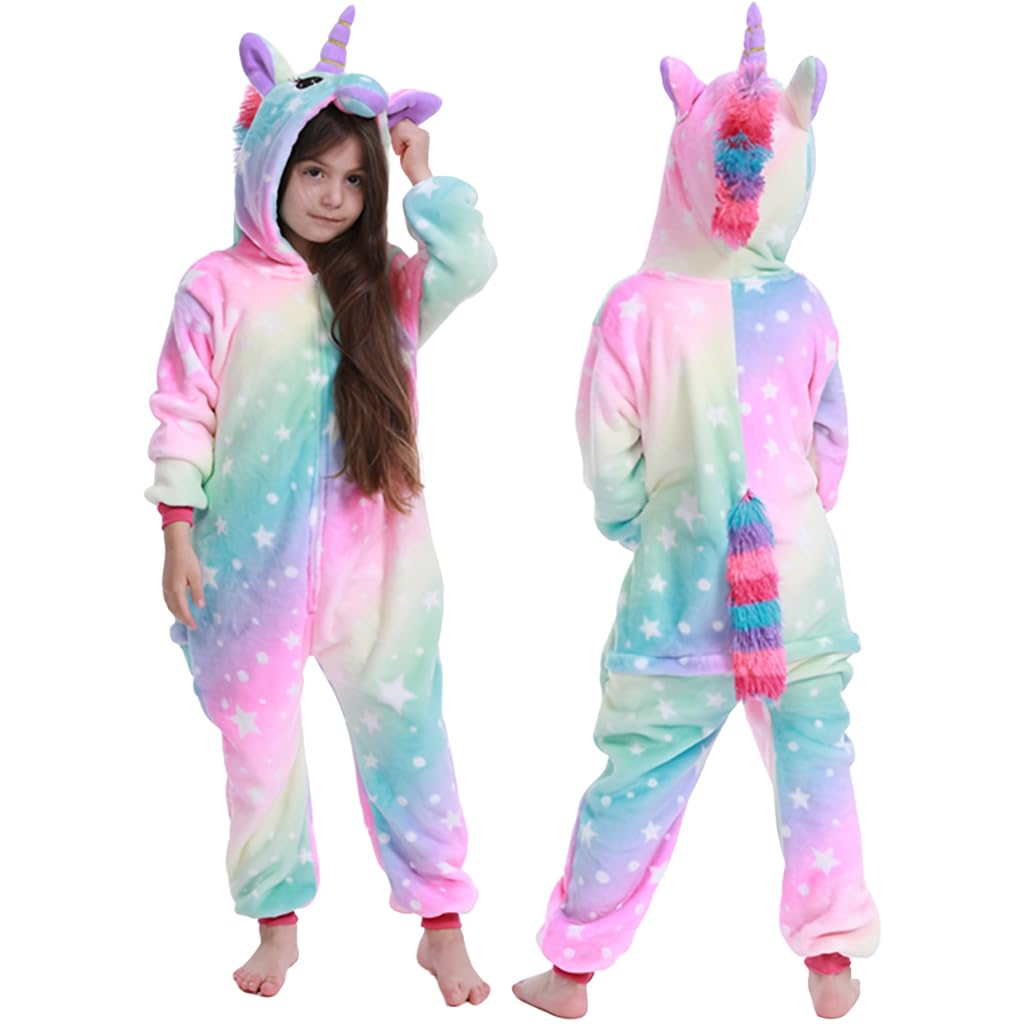 SNOWIE SOFT® Winter Sleepwear Warm Pajamas for Girls, Cartoon Unicorn Fashion Flannel Pajamas Jumpsuit with Eared Hood & Colorful Tail, Soft Cozy Sleepwear Sleepover for Kids, 130cm. Rainbow
