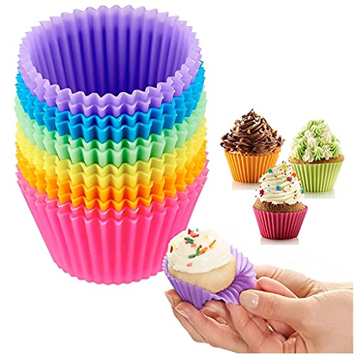 HASTHIP® 12Pcs Reusable Silicone Baking Cups, Cupcake Liners, Non-Stick Muffin Molds Cake Mold Baking Pastery Mold (Random Color)