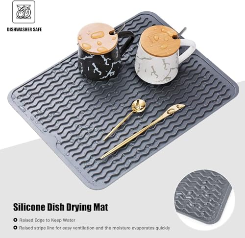 ZIBUYU® Kitchen Silicone Drain Pad, Sink Drying Mat, Wavy Drainage Grooves Pattern, Quick Dry Drying Pad with Hanging Hole, Kithen Utensils Cup Drying Pad, 40x30cm