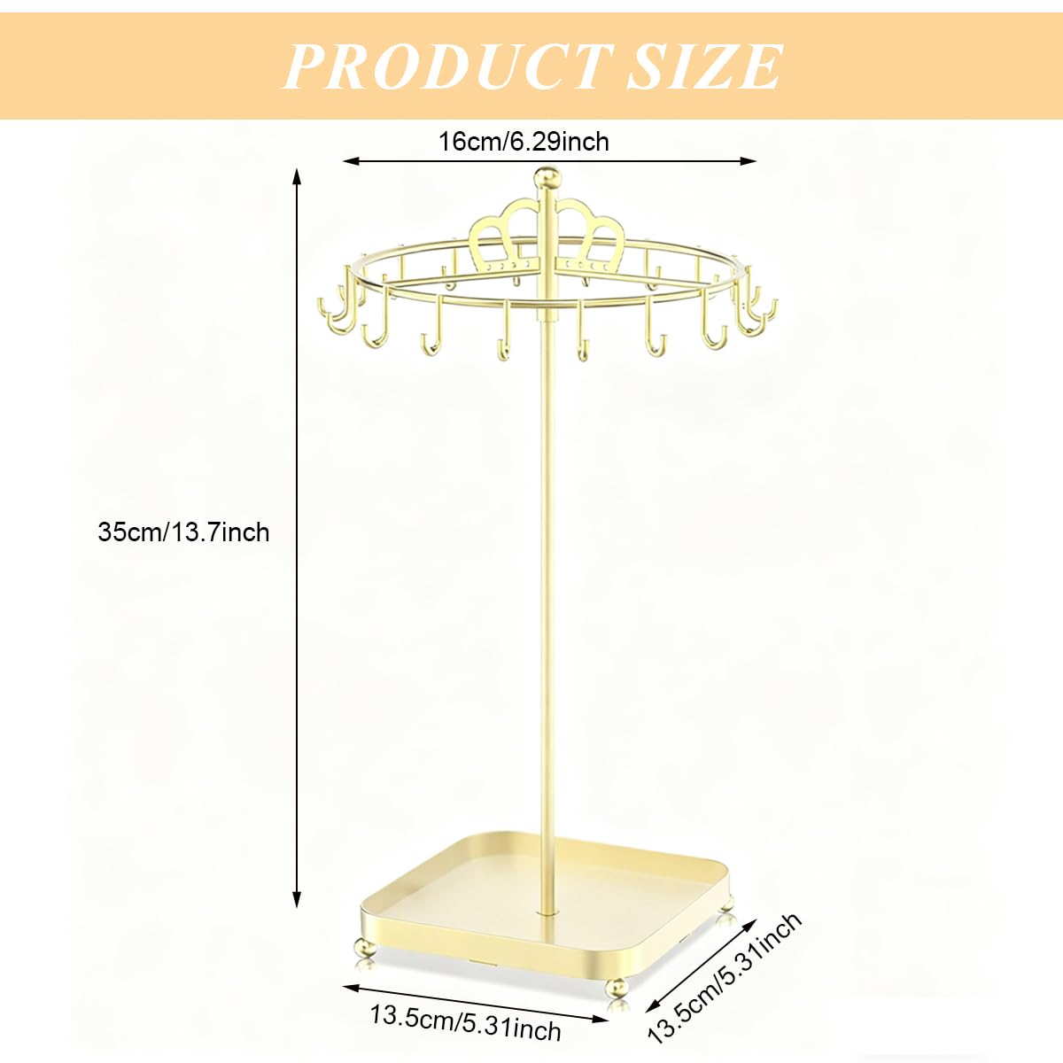 MAYCREATE Rotating Metal Necklace Holder Organizer with Acrylic Tray and 18 Hooks | Space-Saving Jewelry Display Stand