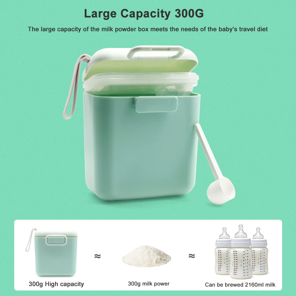 SNOWIE SOFT® 300g Baby Formula Dispenser Portable Milk Powder Container with Carrying Handle Scoop Foodgrade PP Double Layer Anti-Leak Design for Outdoor Travel Home Green 2 PCS