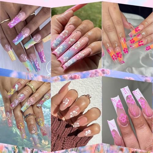 MAYCREATE 6Pcs Hibiscus Flower Nail Stickers, Nail Decals 3D Self-Adhesive Flower Pattern Summer Hibiscus Nail Design French Tip Nail Stickers Summer DIY Nail Decoration for Women