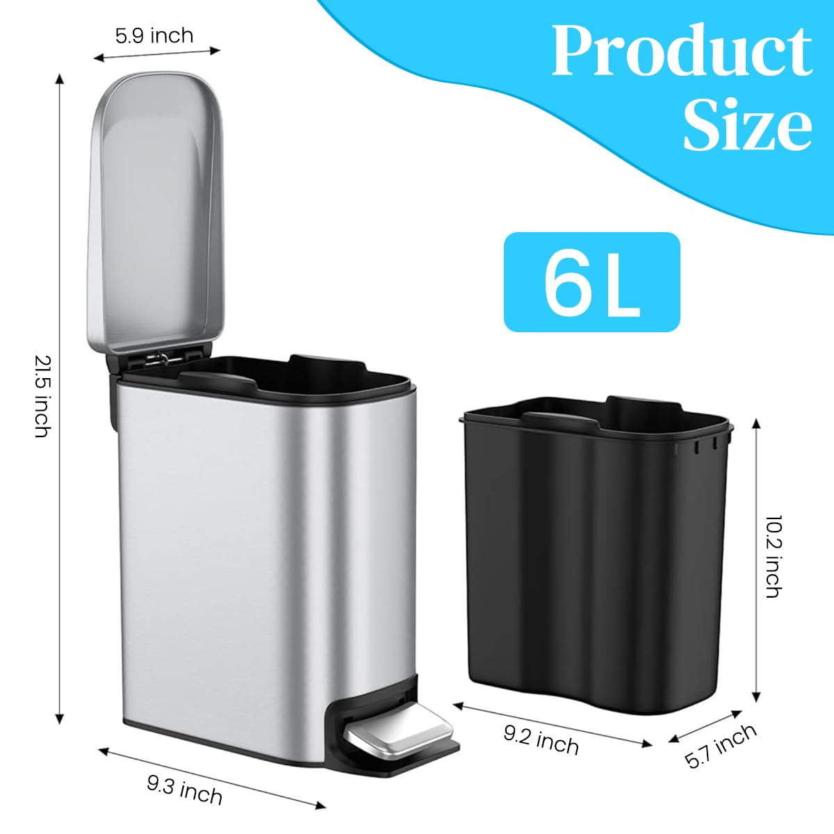 HASTHIP Slim Bathroom Trash Can for Small Spaces with Soft Close Pedal Lid 6 L Stainless Steel Bin