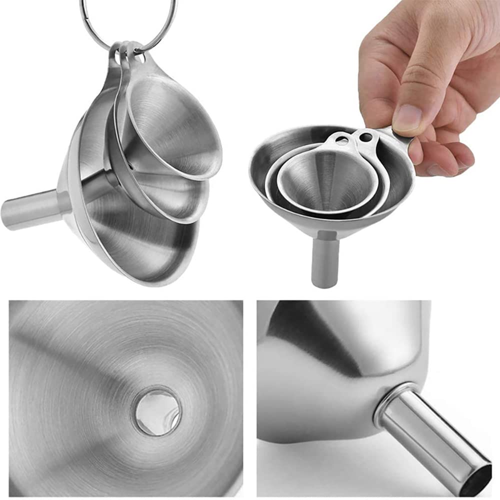 Supvox® 3Pcs Metal Stainless Steel Funnel, Large Small Funnel Set of 3 with 2 Clean Brushes, 0.47in/0.35in/0.24in Funnel Nozzle, Food Grade Mini Funnels for Kitchen