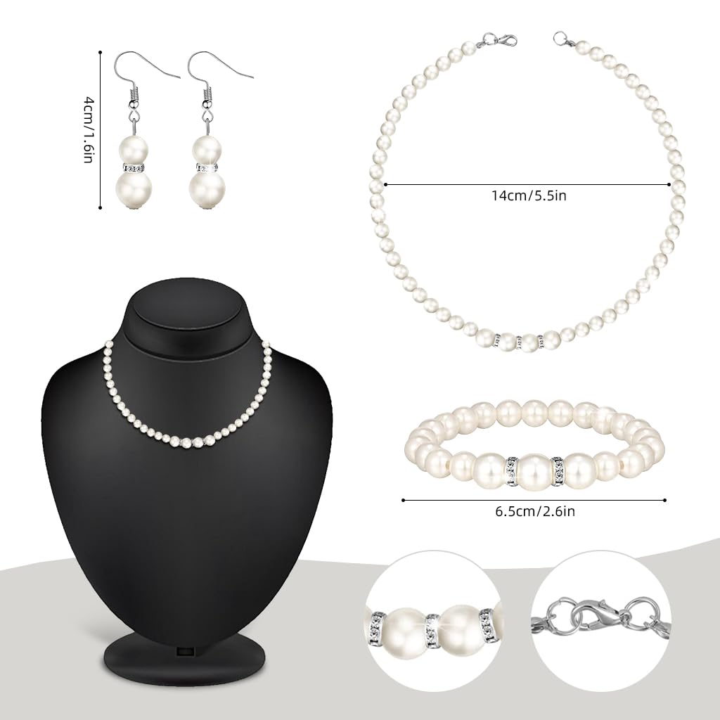 SNOWIE SOFT 4Pcs Girls Jewelry Dancing Party Dressing Kit Lace Bow Gloves Jewelry Set with Pearl Earrings, Pearl Necklace, Bracelet Girls Jewelry Lace Gloves Kit for Ball, Party