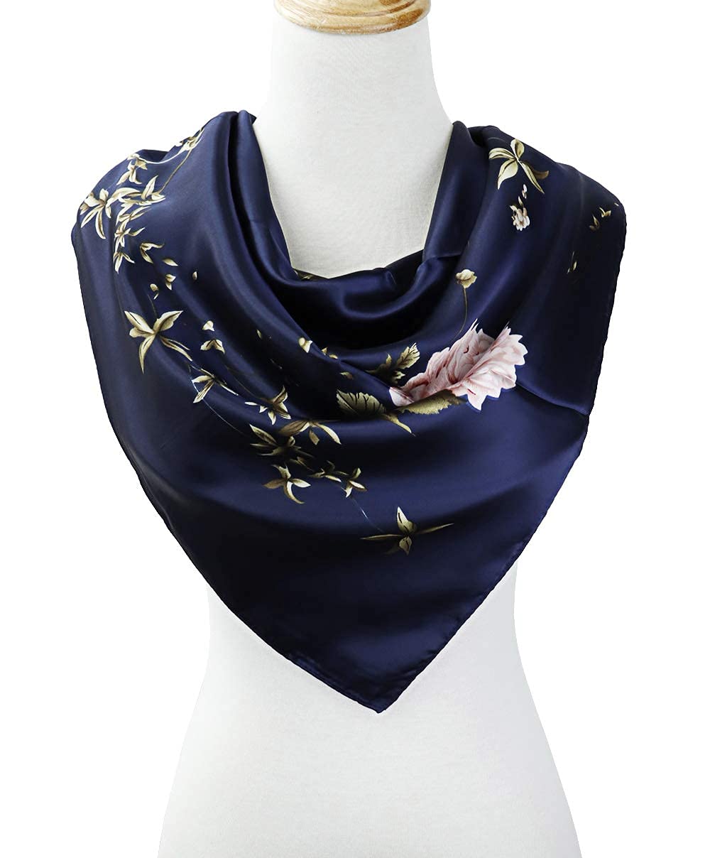 PALAY Satin Square Scarf for Women featuring 35x35 in & 90x90 cm combo | Navy Blue and Pink Silk Like Hair Accessory