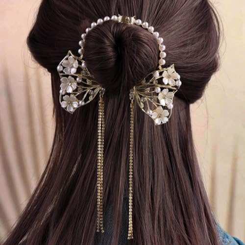 Venzina® Bow Hair Clip for Women Stylish Pearl Tassel Hair Bun Accessories for Women and Girls Tassel Hair Buns Claw Clip for Women Hair Accessories for Bride, Wedding, Daily, Party