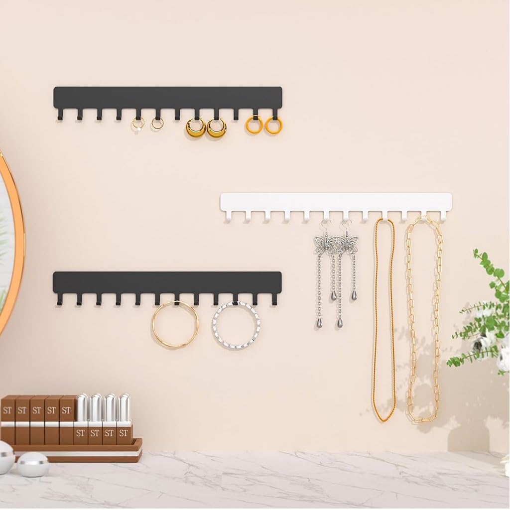 Zibuyu Wall Jewelry Organizer Rack Set for Bathroom or Kitchen with 12 Hooks | 32 x 6.7 x 2 cm Metal Adhesive Mount