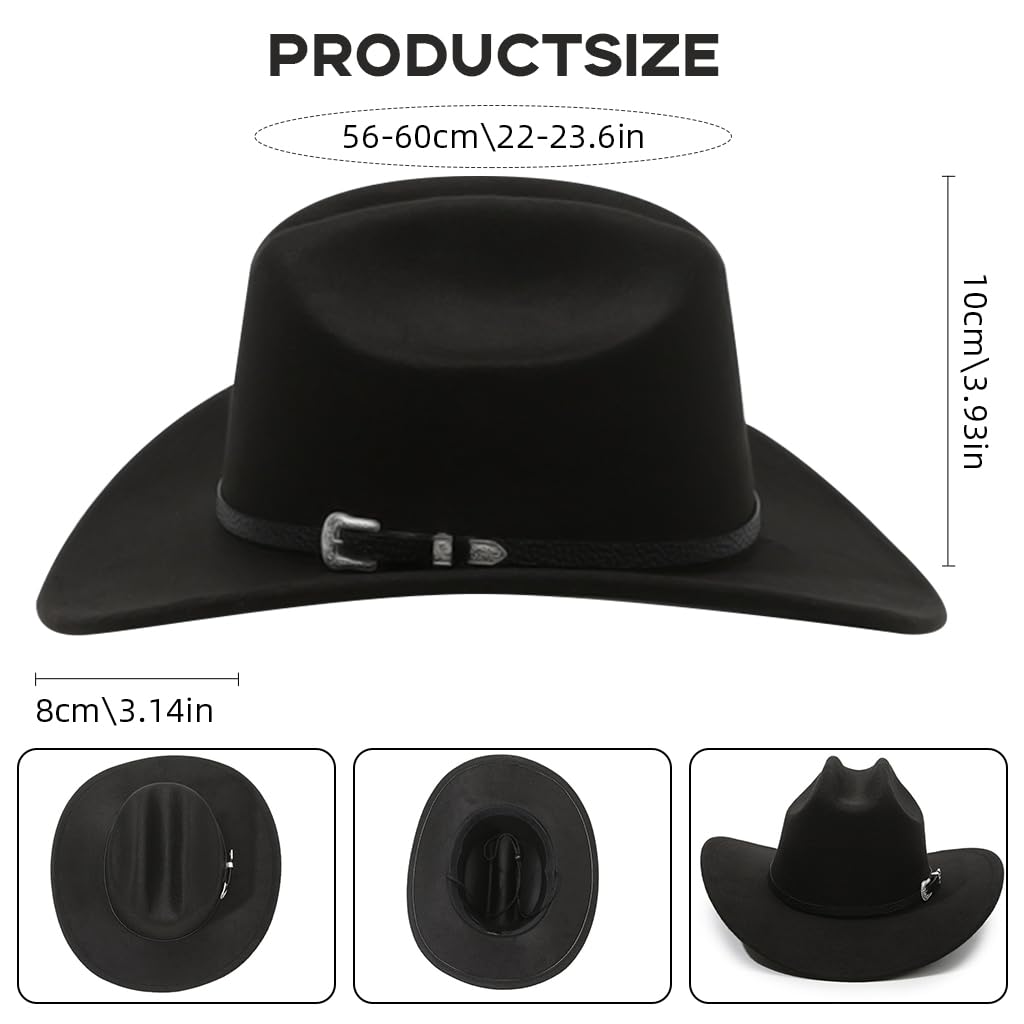 PROBEROS Western Cowboy Hat for Men with Roll Up Fedora Style and Buckle Belt Black 3PCS