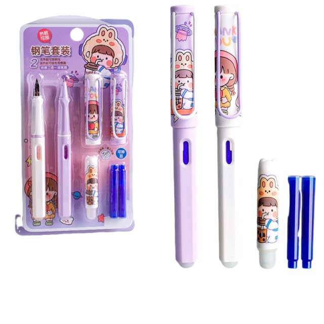 Climberty® Fountain Pen Soft Grip: Fine Nib Black Ink Pen with 2 Ink Cartridges and 1 Replacement Nib Set Smooth Writing for Journaling Calligraphy Gift (Violet)