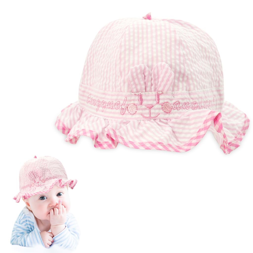 SNOWIE SOFT® Baby Hat Baby Girls Cap Cute Baby Girls Sun Hat for Toddler Girls Cotton Baby Hats for Girls Stripy Bucket Hat for Outdoor UV Protection Hat for 3-12 Month, Pink