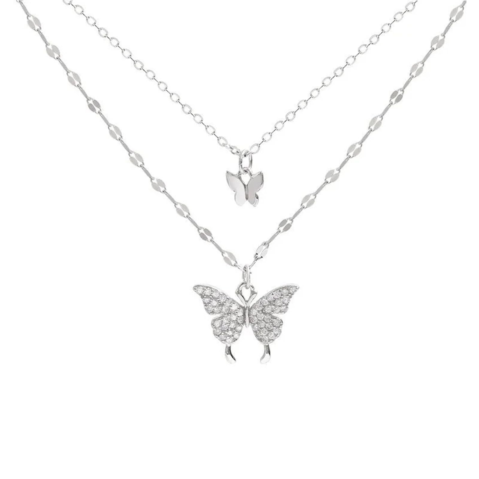 Venzina® Butterfly Necklace for Girls and Women Stylish Double Layered Choker Necklace for Women Alloy Rhinestone Butterfly Pendant Clavicle Chain Necklace Jewellery Gift for Girls, Women, Girlfriend