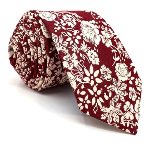 GUSTAVE® Tie for Men Red Skinny Cotton Floral Necktie for Groomsmen Tie Men's Flower Printed Ties