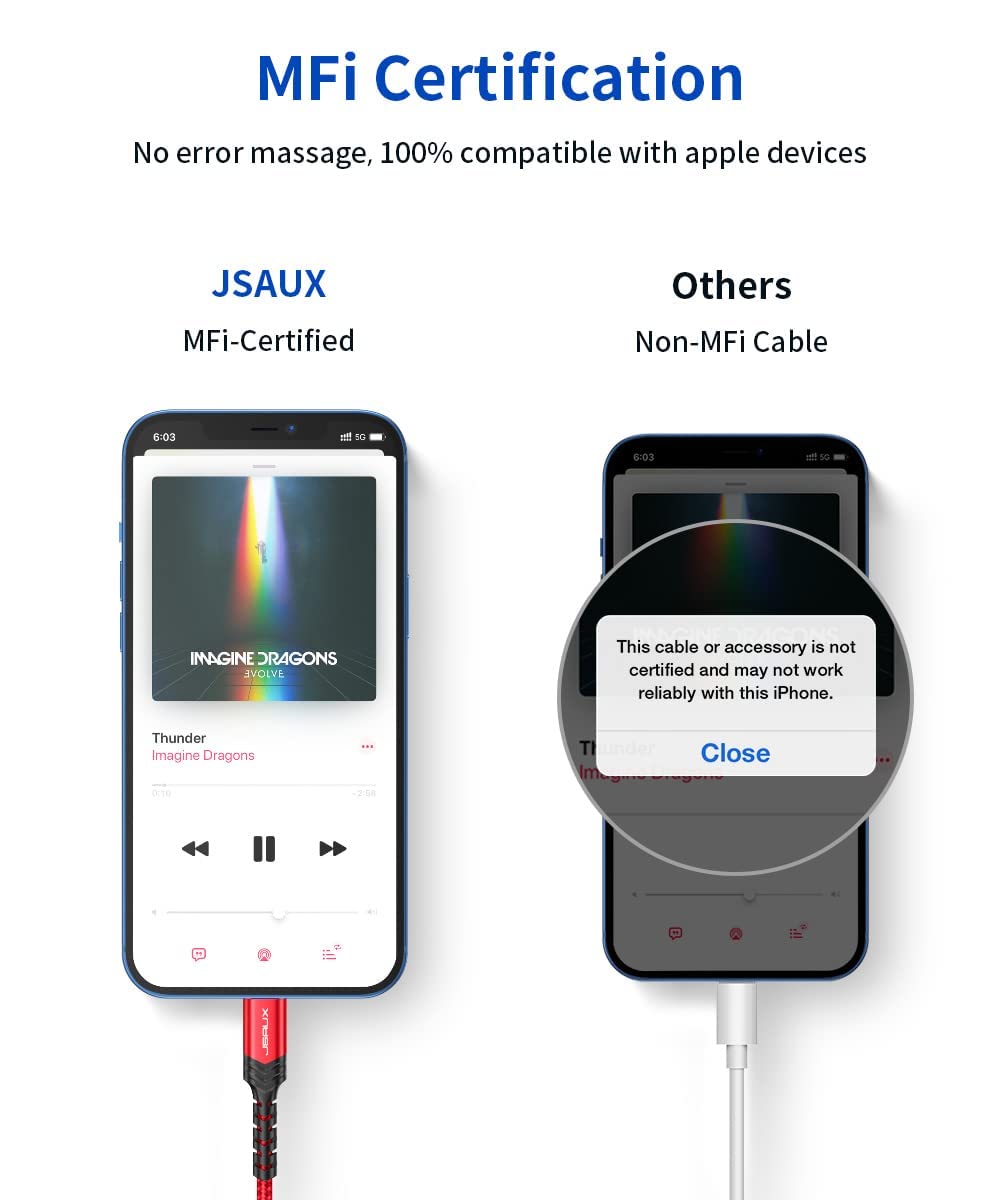 JSAUX Lightning to 3.5mm iPhone Aux Cable for Car & Headphones featuring Built in DAC | 6ft Nylon Braided Red