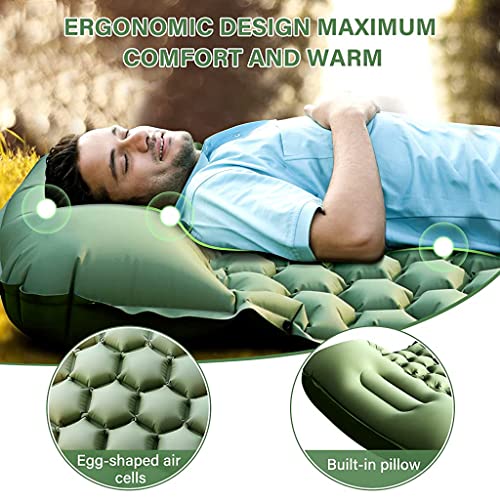 Optifit® Air Mattress with Pillow and Built-in Foot Pump Portable Folding Inflatable Sleeping Bed for Backpacking Hiking Traveling Tent Car Camping Accessories Single Nylon Green 2PCS