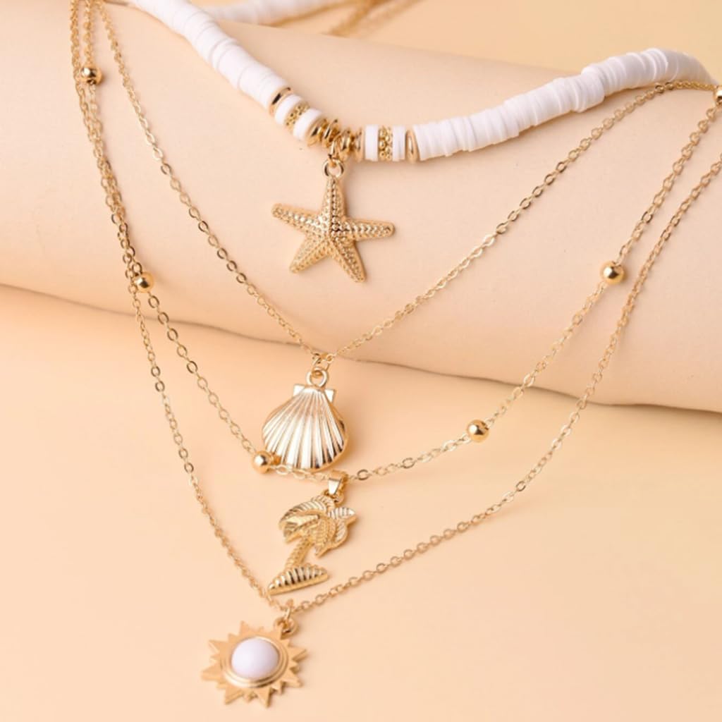 Venzina® Necklace for Women and Girls Seashell Exotic Boho Choker Necklace 4 Layered Necklace Adjustable Chain Starfish Conch Necklace Beach Shell Jewellery Accessories Birthday Gift for Women - 1 Pcs