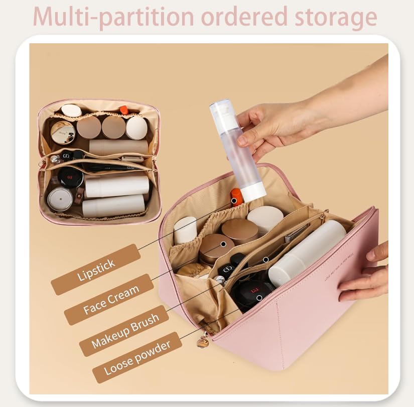 ZIBUYU Large Capacity Cosmetic Bag for Travel with 6 Compartments and Flat Open Design | Pink