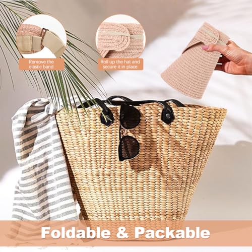 PALAY® Straw Cap for Women Wide Brim Sun Hat Packable Adjustable Pink 2PCS