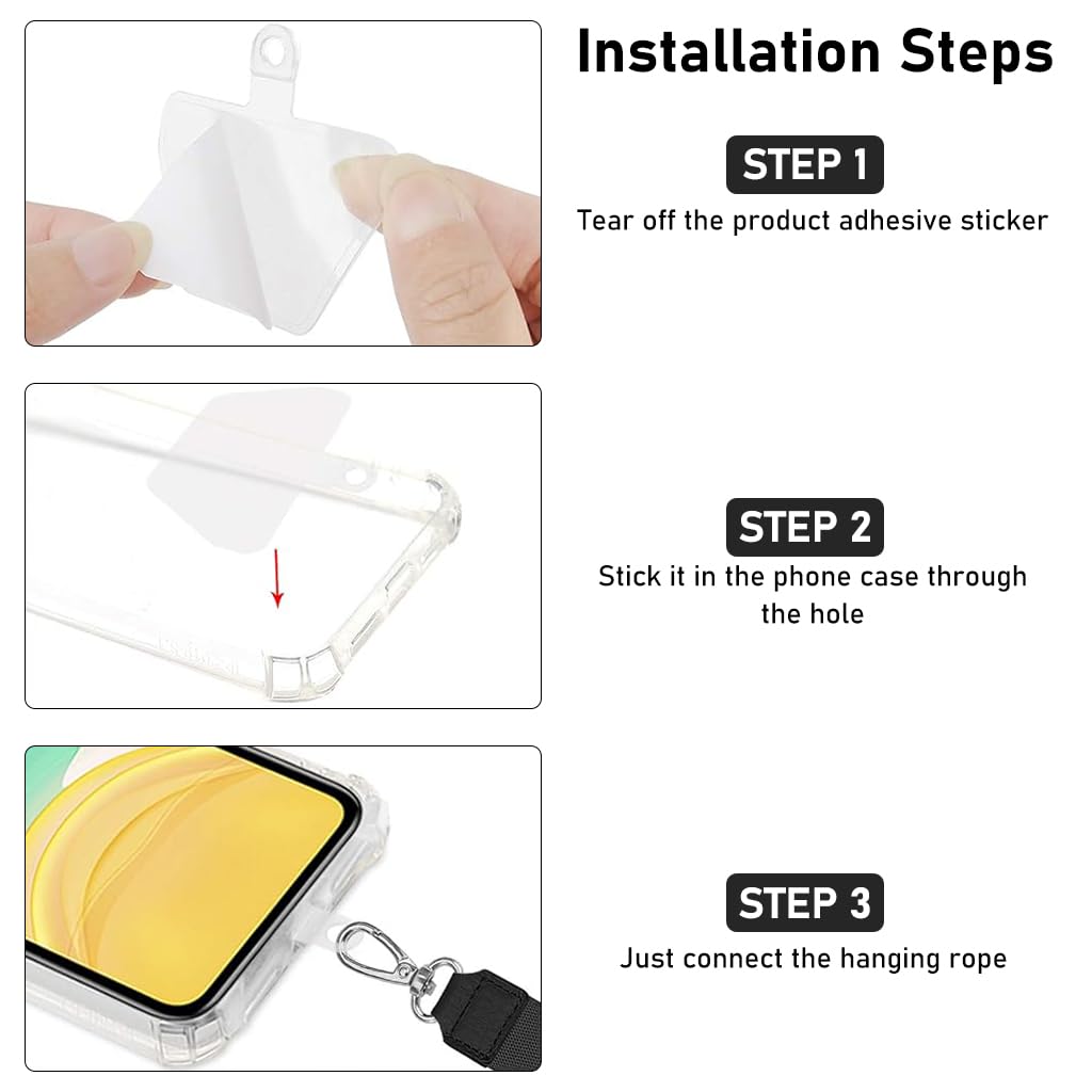 ZORBES Phone Lanyard Phone Hand Strap Set Phone Neckstrap for All Phone Case Adjustable Black Phone Sling with 2 Self-Adhesive Inserts Phone Sling Hand Strap, Not Includes Phone Case