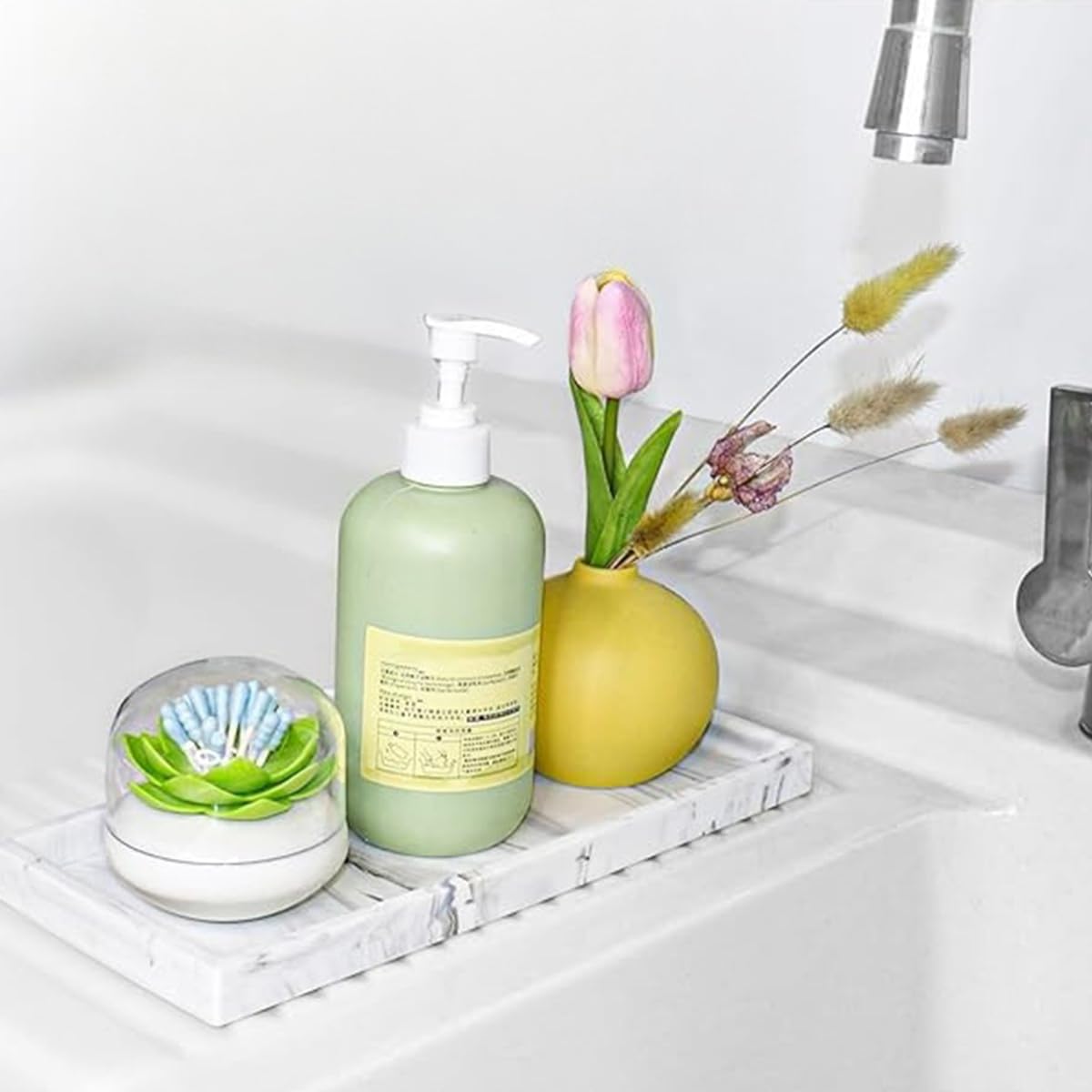 HASTHIP Rectangular Ceramic Vanity Tray for Jewelry and Makeup with Raised Edges | 23.5x9.3cm Marble Organizer