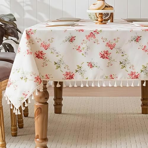 HASTHIP® - 55.1 x 78.7 inch Dining Table Cloth - Dining Table Cover Cloth of 4-6 Seater Linen with Tassel Decorative Tables Protector for Kitchen, Dining Room & Outdoor Use, Red