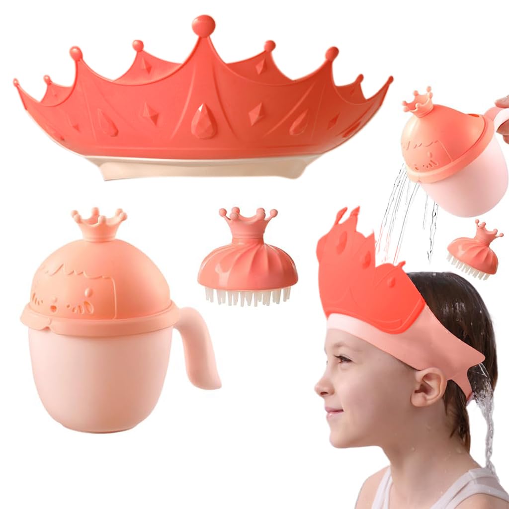 SNOWIE SOFT® Baby Shower Cap Hair Brush Rinse Cup Soft Silicone Crown Cap Bath Cap Protecting Eye & Ear Adjustable Baby Shower Crown Cap Baby Shower Gifts, Pink