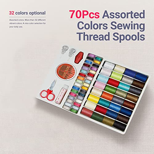 HASTHIP® 70 PCS Sewing Kit, Portable Sewing kit Box Sewing Supplies Accessories with 64 Roll Assorted Color Sewing Thread, Scissors,Needle Set,Measuring Tape for DIY, Travel,Home