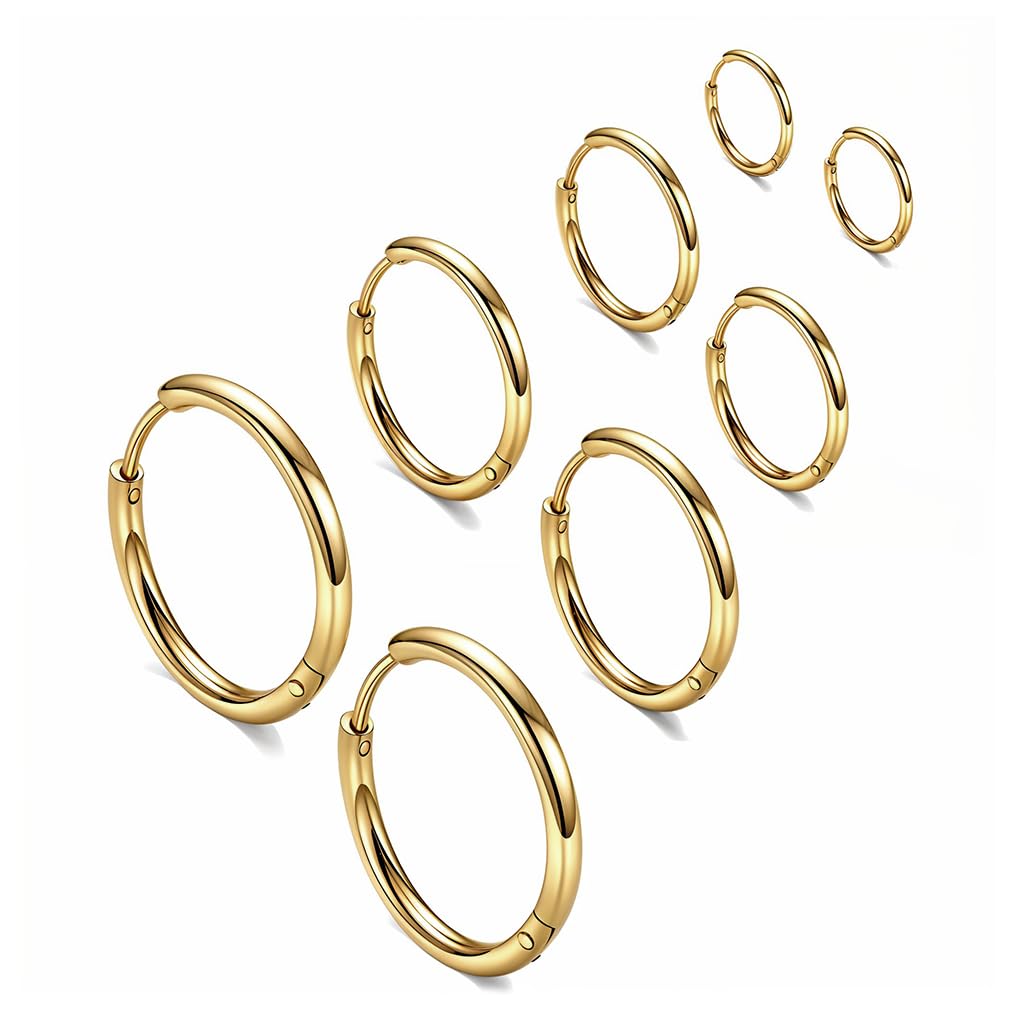 SANNIDHI Hoop Earrings Set for Men and Women featuring 4 Sizes 8mm–14mm Gold Stainless Steel | Stylish Unisex Jewelry Gift