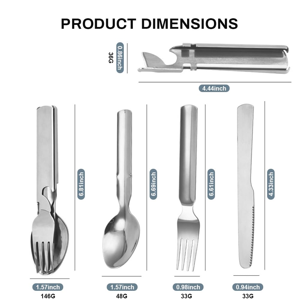 Supvox® Portable Flatware Silvery Camping Stainless Steel Outdoor Tableware Set Travel Portable Fork Spoon Bottle Opener 4 in 1 Multi-Functional Dinning Cutlery