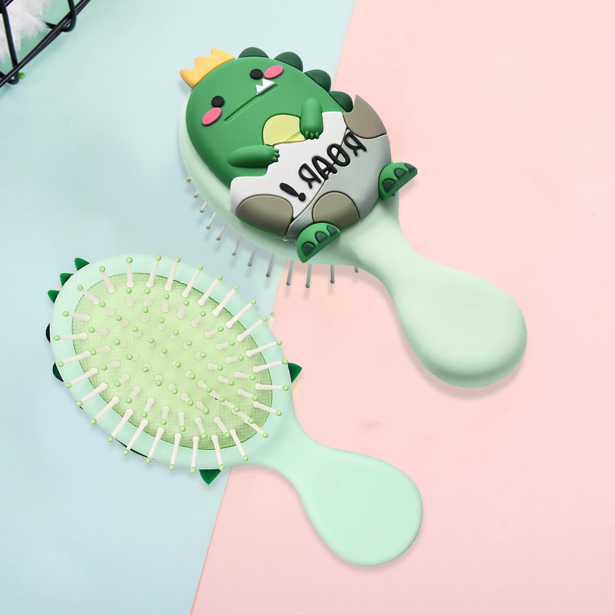 PALAY® Hair Brush for Kids Cartoon Dinosaur Toddler Paddle Hair Brush Kids Comb Mini Hair Brush with Soft Bristle and Air Cushion Hair Brush for Girls, Boys, Women - Green