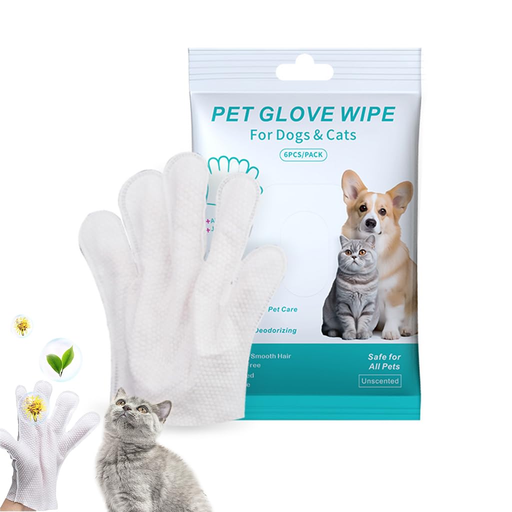 Qpets® Pet Wipes Gloves, 6Pcs Pet Cleaning Gloves Disposable Dry Cleaning Tool, Cats and Dogs Grooming Wipes Gloves Skin Friendly for Wipe Claws, Ear, Feet, Butt