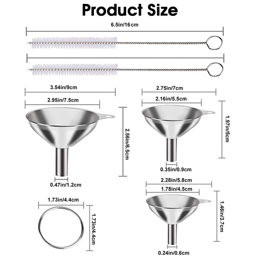 Supvox Stainless Steel Funnel Set for Kitchen with 6 Pieces and 4 Cleaning Brushes | Food Grade Stackable Design