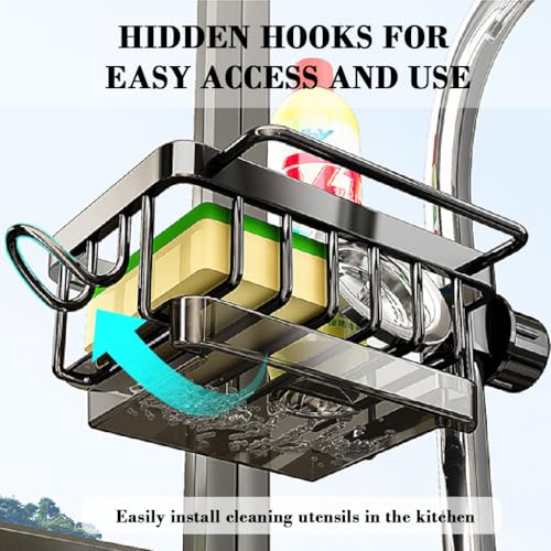 HASTHIP® Kitchen Sink Organizer Dish Sponge Holder for Sink Faucet Drain Rack with Pull-out Drip Tray Kitchen Accessories Holder Metal Wire Aluminum Faucet Organzier Storage Rack Mop Holder