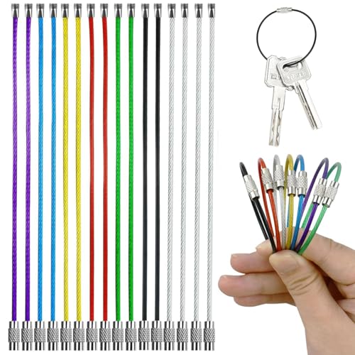 PALAY® 16 Pcs Stainless Steel Keychain, 1.5mm Coated Wire Keychain Cable Large Key Rings for Luggage Tags, Key Tags, Keyrings, Kitchen Utensils, Multicolour(15cm*1.5mm)