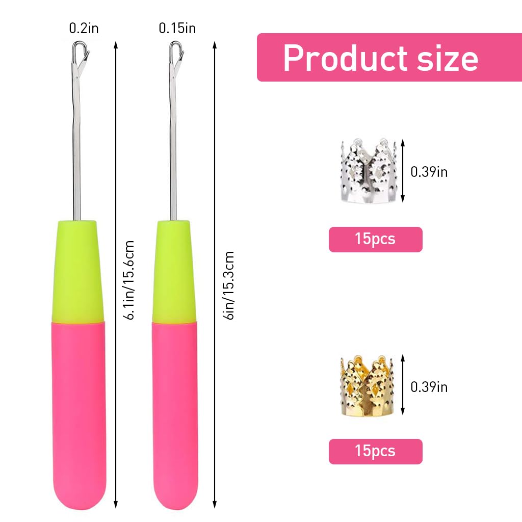 HASTHIP Dreadlock Crochet Hooks Set for Braiding with 2 Sizes and 30 Crown Charms | Gold & Silver