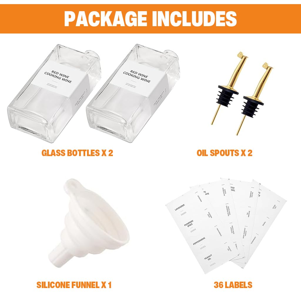 Supvox Glass Oil Dispenser Set for Kitchen with Self Closing Lid and Funnel | 500ml x 2 Containers