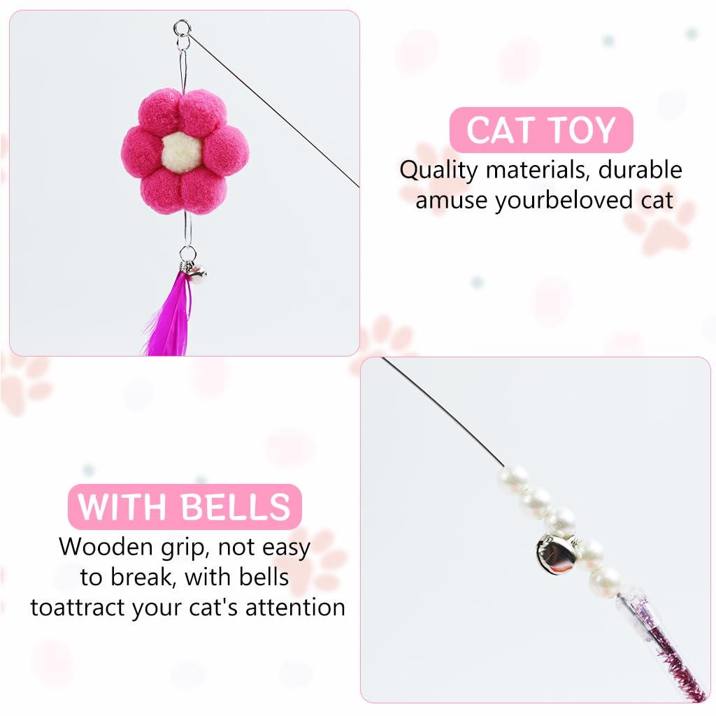 Qpets® Pet Toys for Cats, 2PCS Interactive Cat Toys for Persian Cat, Pink Cat Teaser Toy for Cats to Play Flower Feather Wands with Bell Feather Stick Teasing Toy