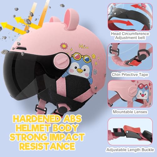 Proberos® Kids Bike Helmet for Boys & Girls Ages 3-12, UV400 Sun-Proof Goggle Lightweight Cartoon Bike Helmet with Detachable Ear Guards, Adjustable Chin Strap, Cushion Liner Design, Pink